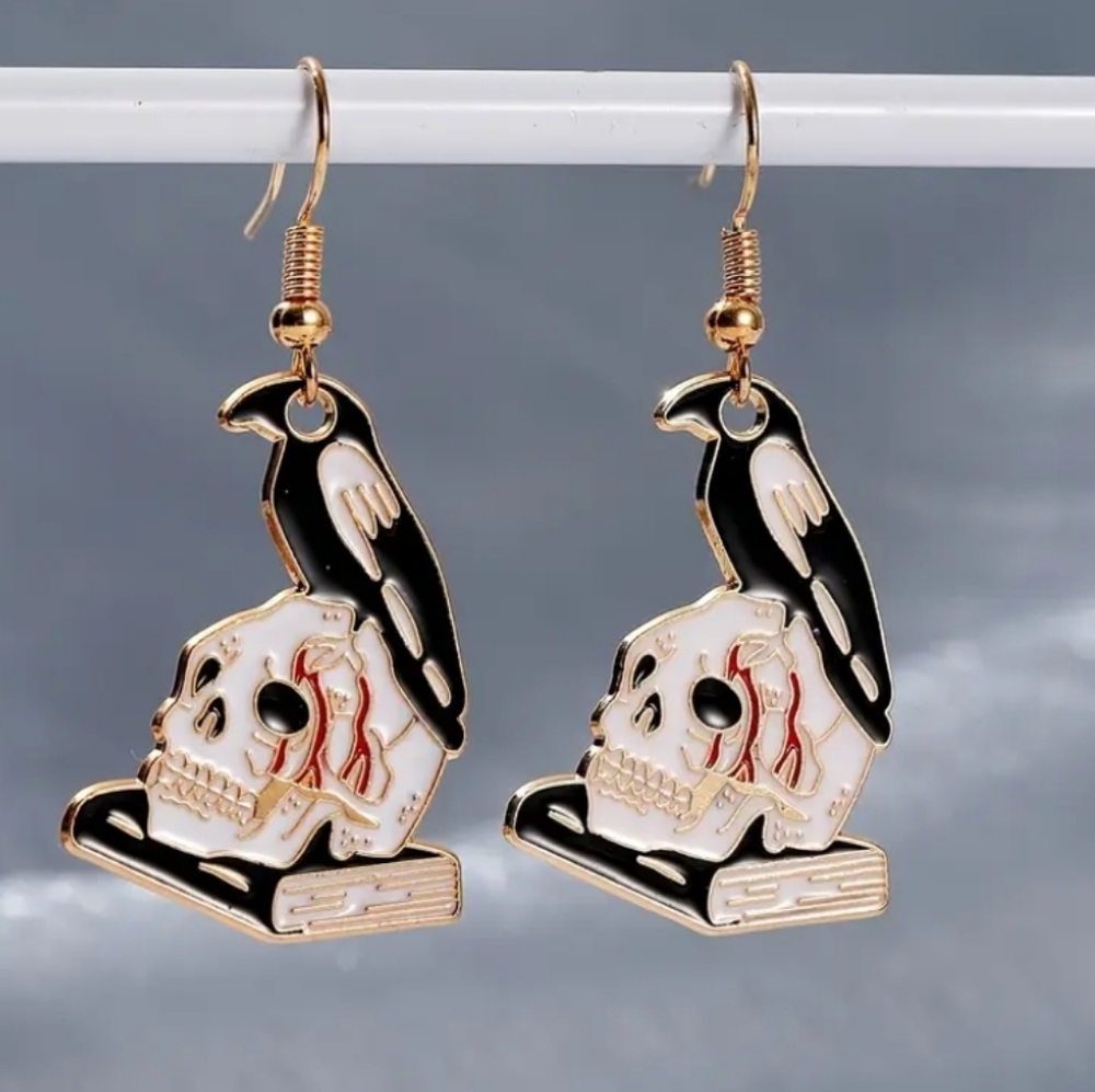 Raven on Skull Mysterious Black Bird Book of Poet Halloween Goth Spooky Earrings